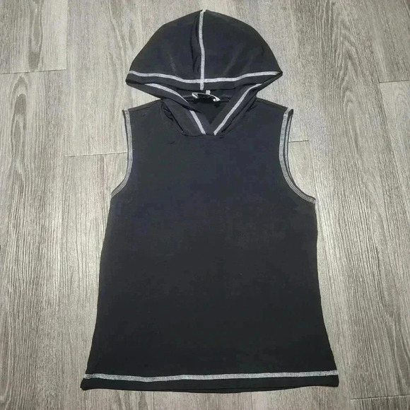 Vintage 80s basic black sleeveless hooded top with white contrast stitching - Picture 6 of 12